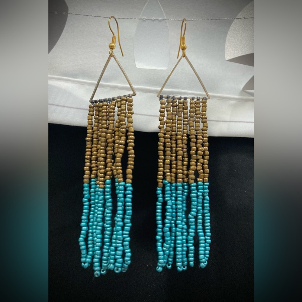 Fringe Seed Bead Earrings Gold Turquoise Blue